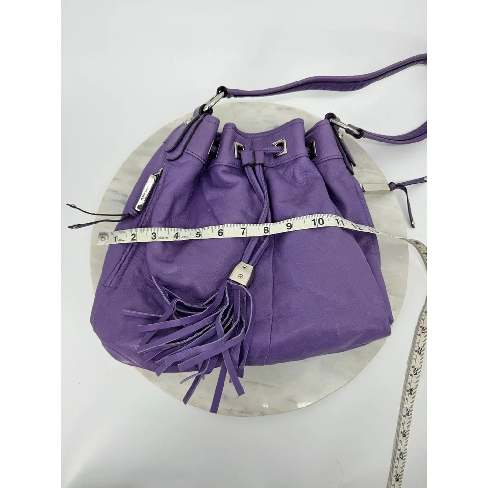 B. Makowsky Purple Leather Tassel Bucket Bag Shoulder Hobo Silver Hardware